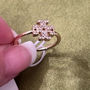 Gold-tone dainty Tory Burch Double T motif and pavé crystals ring